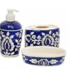 Skywalk Hand Painted Ceramic Bathroom Set of 3 PCs - Liquid Soap Dispenser, Soap Dish and Brush Holder for Bathroom Décor and Home Gift Set