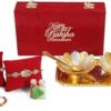 INTERNATIONAL GIFT German Gold Lotus Bowl Spoon Tray Or Carry Bag with Happy Raksha Bandhan Customized Box with Luxury Velvet Box Packing Used for Dry Fruit, Sweets, Snacks and Return Gifts