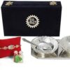 INTERNATIONAL GIFT German Silver Handwork Bowl Spoon Tray Or Carry Bag with Raksha Bandhan Customized Box with Luxury Velvet Box Packing Used for Dry Fruit, Sweets, Snacks and Return Gifts