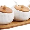 DANSR Porcelain Condiment Jar Spice Container with Lids - Bamboo Cap Holder Spot, Ceramic Serving Spoon, Wooden Tray - Best Pottery Cruet Pot for Your Home, Kitchen, Counter. White