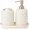 Merakiware Bathroom Accessory Set with Colorful Design – Lightweight, Ceramic – Perfect for Dorms & Bathrooms (Geometric Pattern - Set of 3 - Speckled White - Ribbed Design)