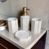 Whizzo® Stylish Bathroom Accessories Set Ceramic - Including 4 Piece Stripes Design Bathroom Accessories Set Soap Dispenser, Toothbrush Holder, Tumbler, Soap Dish, The Best Gifting Choice [White]