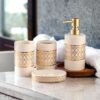 Whizzo® Intricate Design Bathroom Accessories Set Ceramic - 4 Piece Bathroom Accessories Set Soap Dispenser, Toothbrush Holder, Tumbler, Soap Dish, The Best Gifting Choice (White)