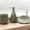 Old Edge Ceramics Bathroom Ceramic Soap Dispenser Set, Mughal Art Hand-Painted Green, 3-Piece Set – Includes Soap Dispenser, Toothbrush Holder, and Soap Dish