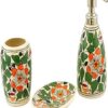 Rudrart Creations Decorated Floral Design Ceramic Bath Decor Bathroom Accessory Set of 3 (Liquid Soap Dispenser, Toothbrush Holder, Soap Tray)-Green (Green & Red)