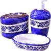 KunhaR Ceramic 3-Piece Bathroom Accessory Set, Blue-Flower (Liquid Soap Dispenser 450 ML, Soap Tray and Toothbrush Holder)