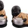 eCraftIndia Set of 2 Golden Monks Tealight Holder Polyresin Statue (13.75 cm x 6.25 cm x 12.5 cm, Red and Brown)