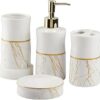 Ceramic Bathroom Accessories Set of 4, Modern Bath Set with Liquid handwash Soap Dispenser and Toothbrush Holder, Luxury Gift Accessory for Home, White/Gold (10476)