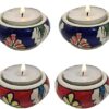 India Meets India Ceramic Tea Light Holder, Decorative Diya for Diwali, Diya for Diwali Puja, Handicraft (Red Blue, 4)