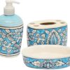 Hand Painted Ceramic Bathroom Set of 3 Pcs - Liquid Soap Dispenser, Soap Dish and Brush Holder for Bathroom Décor and Home Gift Set
