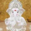 Gold Art India Silver Plated White Ganesha for Car Dashboard Home Decor Gifting Diwali Birthday Festivals 3.5 x 2 Inches