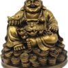 Petrichor Resin Fengshui Figurine Laughing Buddha Sitting on Luck Money Coins Carrying Golden Ingot for Good Luck & Happiness (5 Inches,Gold, 1 Piece) - Home Deocration Gifting (Made in India)
