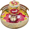 WRAPPING STUDIO Taditional Pichwai Metal Tray with Steel Jar and Lotus Brass Diya Gift Pack for Diwali, Navratri, Wedding, Housewarming, Bhai dooj, and Other Special Occassion (Random A6)