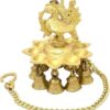 Two Moustaches Peacock Design Brass Hanging Diya with Bells, Hanging Lamp, Pooja Lamp, 1.1 Kg Hanging Lamp Diya, 4 Inches Diya, 14 Inches Chain Length, Antique Yellow