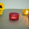OGGN Glass Ribbed Tealight Holder Set/T-Light Holder for Diwali Decoration Items, Red (Small, Pack of 4)