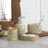 The Decor Lane Handpainted Ceramic Bathroom Accessories Set of 4 (Liquid Soap Dispenser, Soap Tray, Toothbrush Holder, Tumbler) (Yellow Floral)