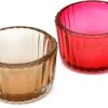 OGGN Glass Ribbed Tealight Holder Set/T-Light Holder for Diwali Decoration Items, Brown and Red (Small, Pack of 2)