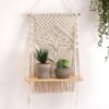Decazone Macrame Indoor Wall Hanging Shelf Chic Decor Wood Floating Boho Shelves with Wooden Dowel Hand Woven Bohemian Decor for Apartment Dorm Bedroom Living Room Nursery 60 x 30 cm (Beige)