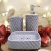 Shoogloo Mart: Ceramic Bathroom Accessories Set of 3 | Modern Bathroom Accessory Sets Includes Soap/Lotion Dispenser, 1 Brush Holder & 1 Soap Dish Holder (Lavender)