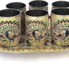 DIYASHI? Set of 6 Stain Less Steel Handicrafts Glass Indian Hand Made Meenakari Work Peacock Design Golden Color Diwali Christmas Tumbler Gift Set Item (Golden Glass with Tray)