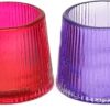 OGGN Glass Ribbed Tealight Holder Set/T-Light Holder for Diwali Decoration Items, Purple Red (Pack of 2)