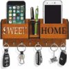 Wooden Key Holders for Home Wall Stylish | Wooden Wall Mounted Decorative Key Chain Hanger with 6 Hooks & Mobile Stand for Home & Office | Multipurpose Organiser | Design: Sweet Home | Brown