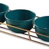 Design Decor Gallery Serving Three Peacock Green Powder Coated Metal Bowl Set with Gold Plated Wire Tray Server Set for Center Table for Wedding Return Gifts & Dining Table-500 Ml