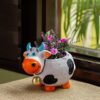 ExclusiveLane 'Playful Cow' Handpainted Table Planters for Living Room Ceramic Flower Pots for Indoor Plants Garden Decoration Items Outdoor (White & Black, 8 Inches)