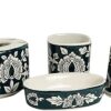 Yourowndcor Handmade Mughal Ceramic Handcrafted/Stoneware Combo of Soap Dispenser, Tooth Brush Holder, Tumbler and Dish in Floral Art(Green and White)