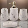 Store2508 Ceramic 4 Pcs Bathroom Accessory Set Marble Design Model-NQ608 Liquid Soap Dispenser Soap Dish (White)