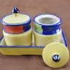 ANK HOME CRAFT Artisan Mughal Ceramic Multi Colour Hand Painted Ceramic Jar and Tray Set for Chutney, Pickle, Spice, Coffee - 1000ml, Size M, Snap Closure, Dishwasher Safe