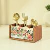 Brick Brown ? Premium Wooden Pastel Flora Cutlery Holder Spoon stand for kitchen | cutlery holder for dining table | wooden caddy storage organiser stand with 3 section Caddy holder (8.2x4.2x4 inch)
