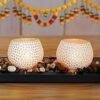 TIED RIBBONS Glass Votive Mosaic Tealight Candle Holders with Wooden Tray - Decorations Items for Home Decor Living Room Bedroom Office Dining Table - Gifts