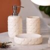The Transit Story Premium Ceramic Bathroom Accessories Set of 3 | Oval Hand-Painted Luxury Bath Set with 300ml Liquid Soap Dispenser, Toothbrush Holder & Soap Tray | Off-White with Fish Scale Pattern