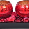 TIED RIBBONS Set of 2 Decorative Glass Mosaic Tealight Candle Holder with Wooden Tray - Decorations Items for Home