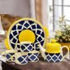Praahi Lifestyle Tea Cup Set with Kettle & Serving Tray | Ceramic Teapot Set Blue Yellow moroccon Design| 4 Cups (150ml), 1 Kettle(700ml), 1 Tray (6 Piece Set, Microwave Safe) | Best for Rakhi Gifting
