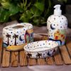 The Hut Essentials' Hand-Painted Ceramic Bathroom Accessory Set of 3 (Liquid Soap Dispenser, Soap Tray, Toothbrush Holder), Multicolor-Little Nasty-Collection