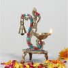 Two Moustaches Gemstone Work Ethnic Carved Peacock Design Brass Diya with Bell , Brass Antique Oil Lamp, Diyas for Home , Size - 8 Inches , Standard , Pack of 1