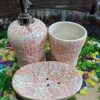 Ceramic Bathroom Accessory Set, 3-Piece, Pink and White Marble Pattern, Soap Dispenser with Tumbler and Soap Dish