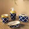 HS HINDUSTANI SAUDAGAR Hand Painted Ceramic Umrao Pattern Bathroom Accessory Set of 4 Pieces - Soap Dispenser, Tumbler, Soap Dish, Tooth Brush Holder for Bathroom Décor and Home Gift