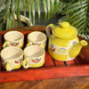 Yellow Floral Hand Painted Kettle Set with Wooden Tray (Set of 6)