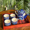 Blue Hand Painted Kettle Set with Wooden Tray (Set of 6)