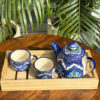 Blue Hand Painted Kettle Set with Wooden Tray (Set of 4)