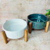 White & Green Serving Bowl with Wooden Stand Set (Pack of 2)