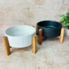 White & Black Serving Bowl with Wooden Stand Set (Pack of 2)