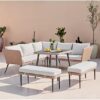 LOCCUS Outdoor All Weather 5 Piece Rattan/Wicker L-Shape Dining Sofa Conversation Set with Table & Ottomans for Garden, Pool, Terrace, Backyard (Beige & Off-White)