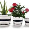 Garden Art Ceramic Pot Set of 3 (22X22X19.5CM/17X17X15.5CM/14X14X11.5CM) with Drainage Holes,Round Indoor Pot for Plants Ceramic Planters with Saucer,Outdoor Garden Pots (GA84120-W)