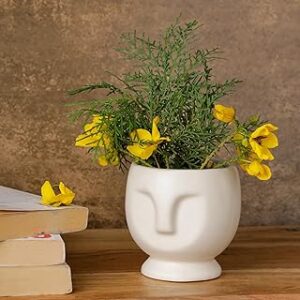 Medhini by Earth Store 4.1 Inch White Human Face Ceramic Planter for Indoor Outdoor Plants, Living Room, Garden, Balcony, Home Decor Flower Pot Planter Set of 1 (Plant Not Included)